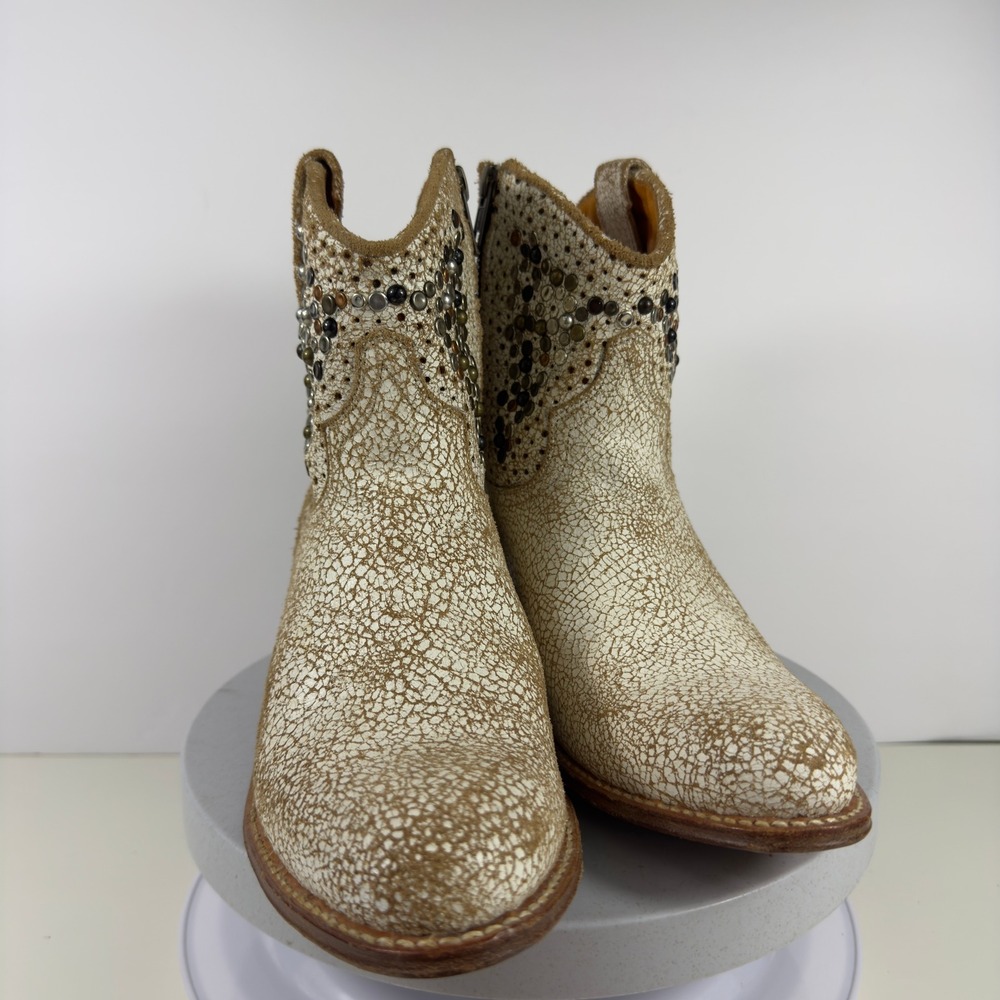 FRYE Deborah Studded Boots Womens Short Cowboy Western Crackle Gold Leather 7 M - Picture 3 of 15